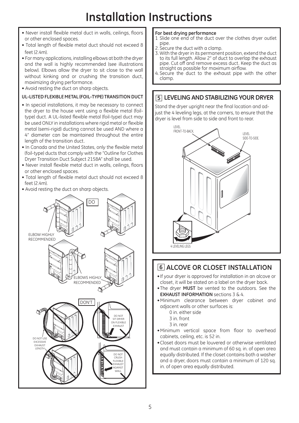 Installation instructions, Alcove or closet installation, Leveling and stabilizing your dryer | GE GTDL210EDWW User Manual | Page 5 / 8