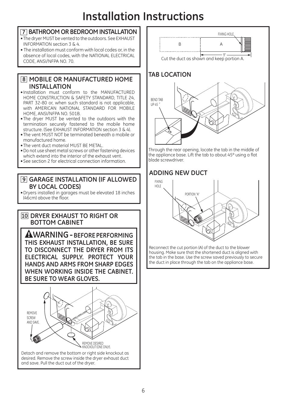 Installation instructions, Warning, Bathroom or bedroom installation | Mobile or manufactured home installation, Tab location adding new duct, Garage installation (if allowed by local codes), Dryer exhaust to right or bottom cabinet | GE GTDL210EDWW User Manual | Page 6 / 8
