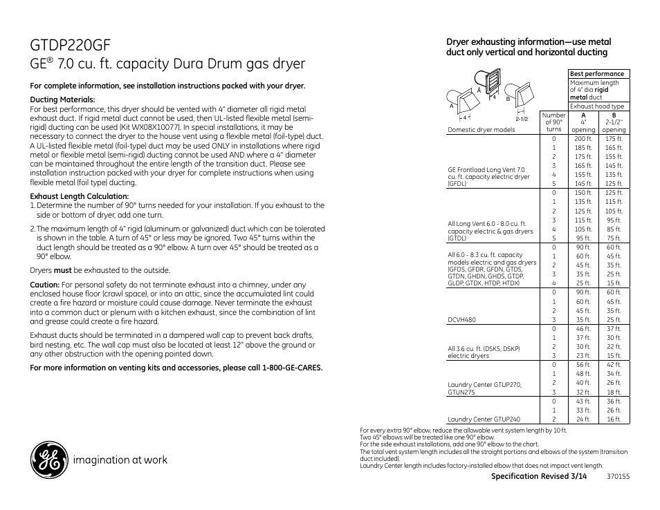 Gtdp220gf, 0 cu. ft. capacity dura drum gas dryer | GE GTDP220GFWW User Manual | Page 3 / 4