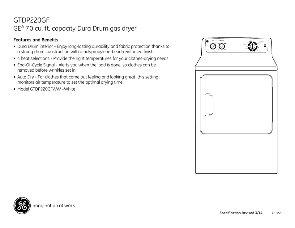 Gtdp220gf, 0 cu. ft. capacity dura drum gas dryer | GE GTDP220GFWW User Manual | Page 4 / 4