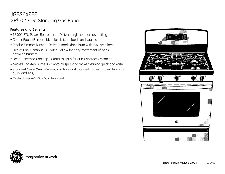 Jgbs64ref, 30" free-standing gas range | GE JGBS64REFSS User Manual | Page 2 / 2