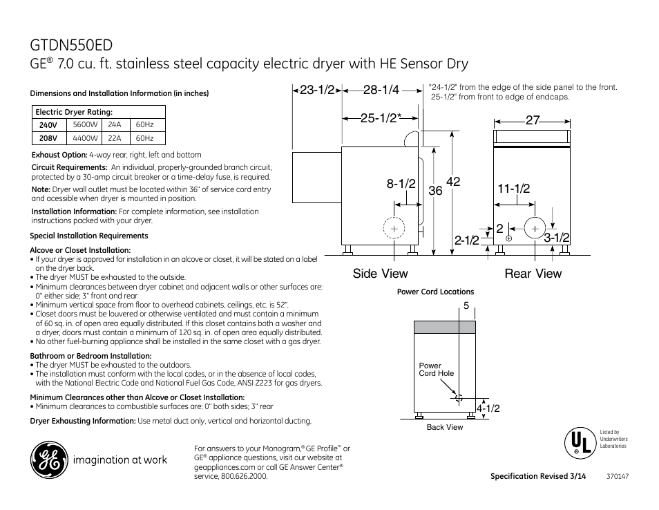 GE GTDN550EDWW User Manual | 3 pages