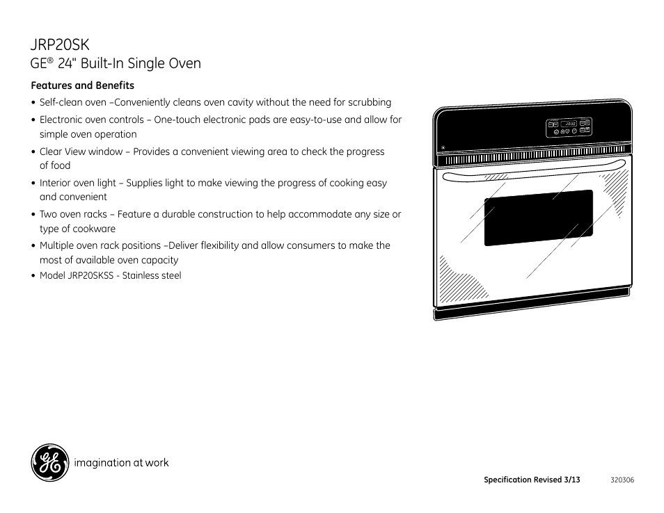 Jrp20sk, 24" built-in single oven | GE JRP20SKSS User Manual | Page 2 / 2
