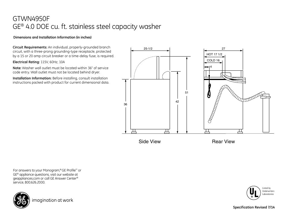 GE GTWN4950FWW User Manual | 2 pages