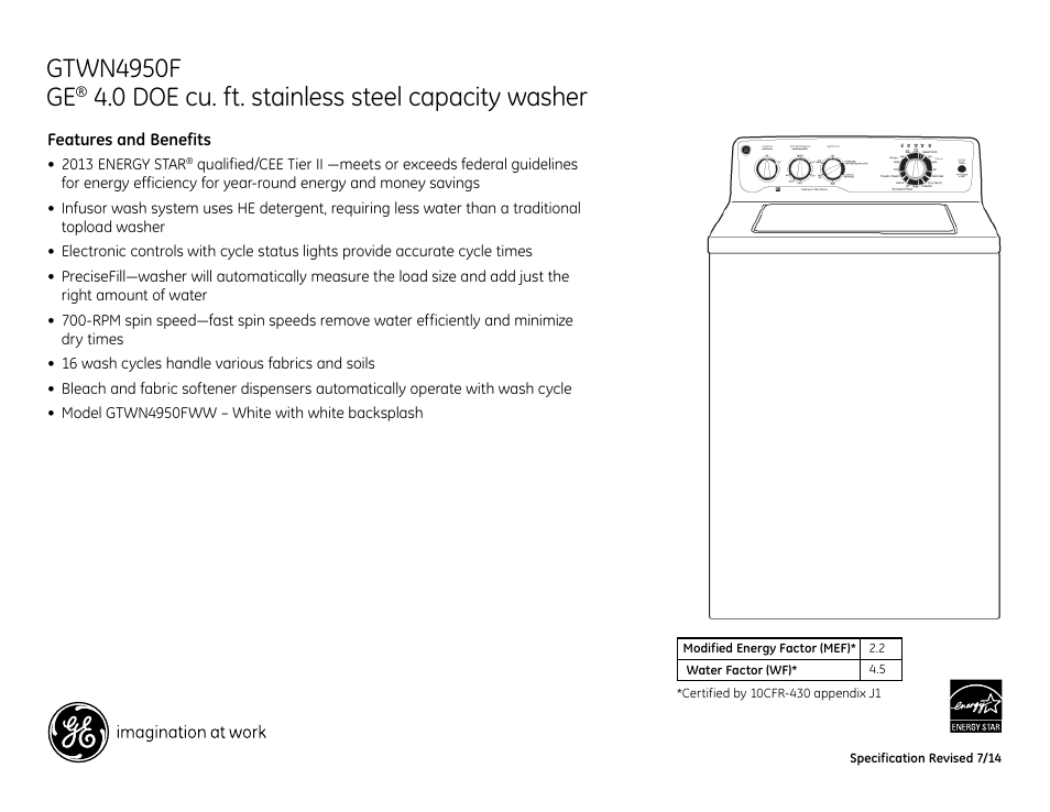Gtwn4950f ge, 0 doe cu. ft. stainless steel capacity washer | GE GTWN4950FWW User Manual | Page 2 / 2