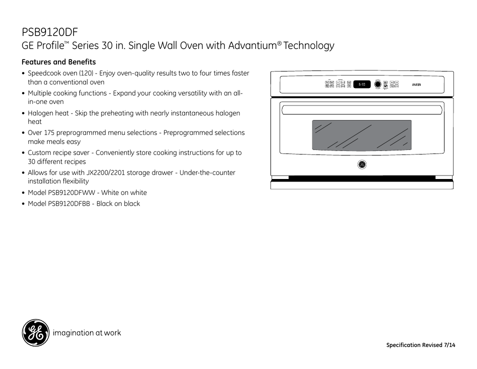 Psb9120df, Ge profile, Series 30 in. single wall oven with advantium | Technology | GE PSB9120DFBB User Manual | Page 3 / 3