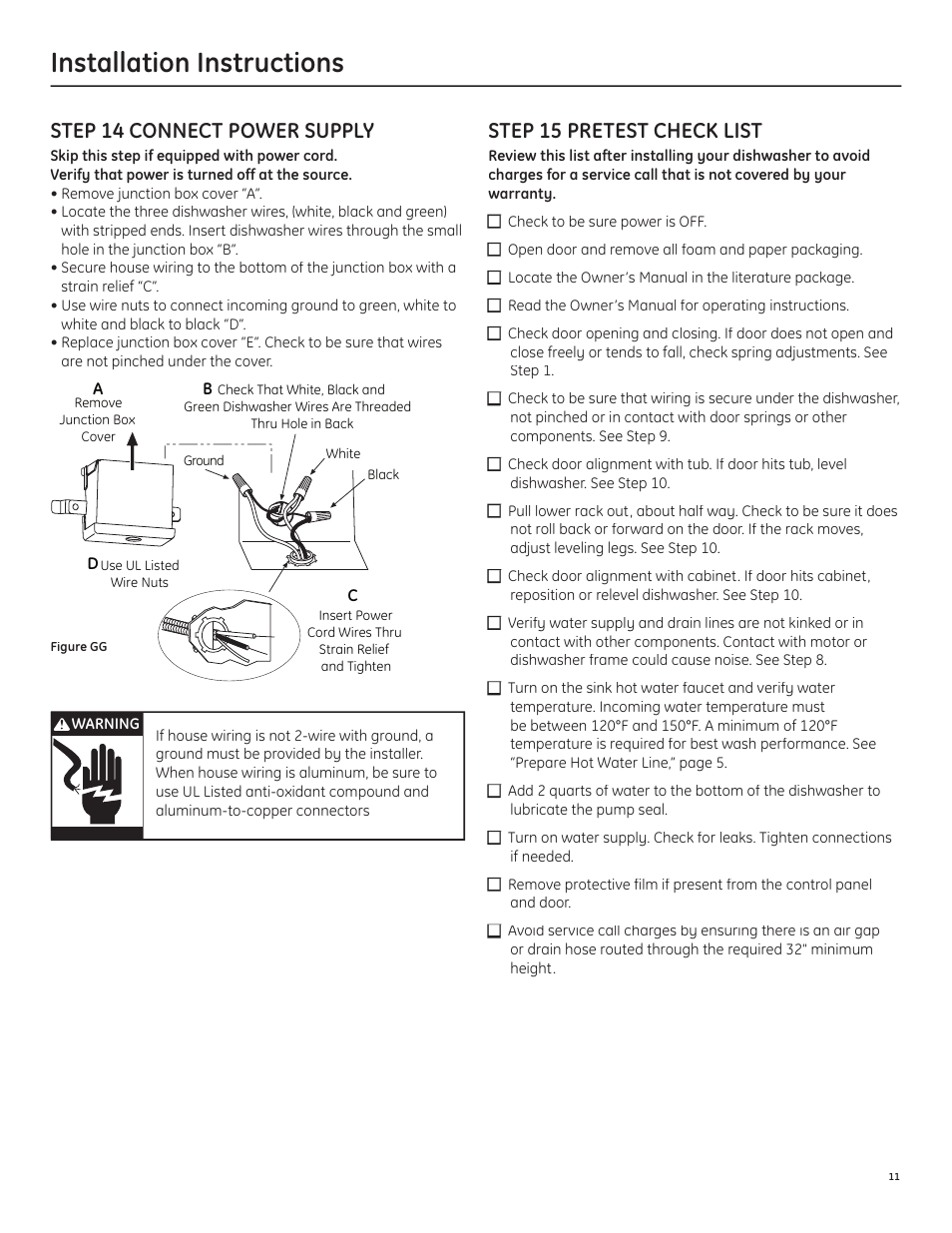Installation instructions, Step 14 connect power supply, Step 15 pretest check list | GE PDW1860NSS User Manual | Page 13 / 14
