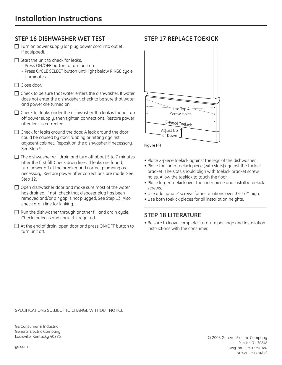 Installation instructions, Step 16 dishwasher wet test, Step 17 replace toekick | Step 18 literature | GE PDW1860NSS User Manual | Page 14 / 14
