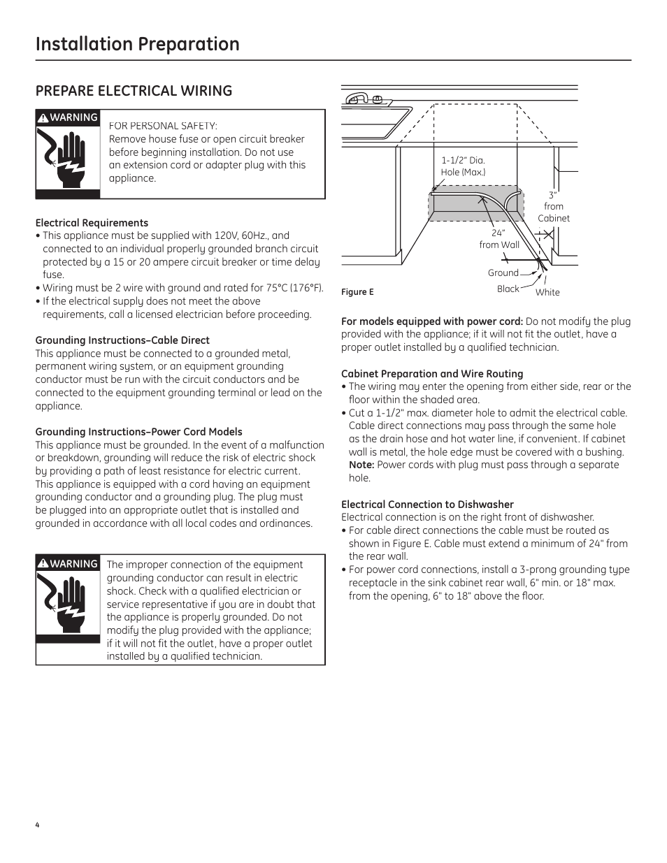 Installation preparation, Prepare electrical wiring | GE PDW1860NSS User Manual | Page 6 / 14