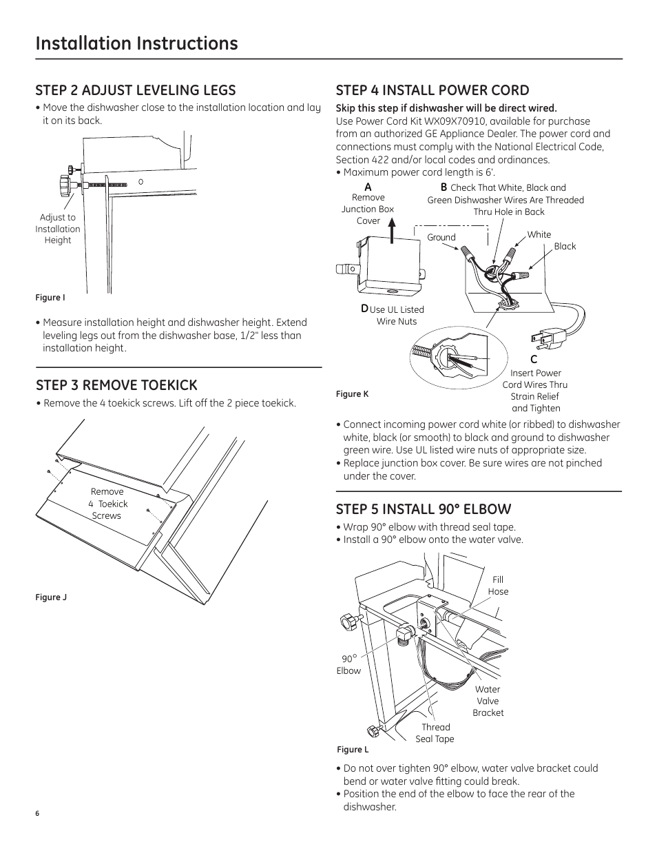 Installation instructions, Step 2 adjust leveling legs, Step 3 remove toekick | Step 4 install power cord, Step 5 install 90° elbow | GE PDW1860NSS User Manual | Page 8 / 14