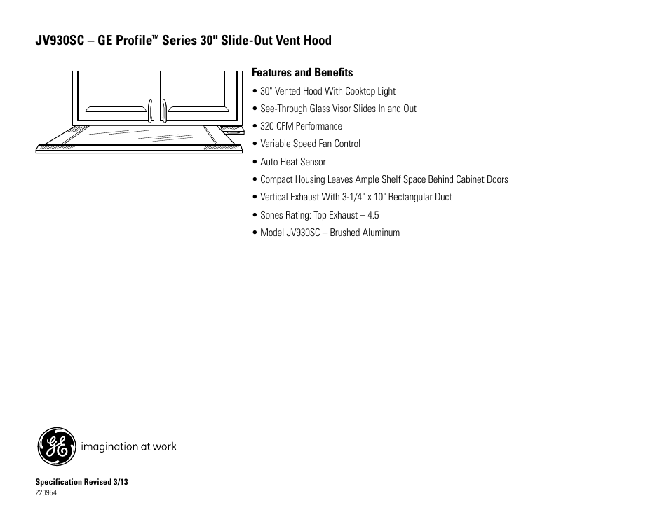 Jv930sc – ge profile, Series 30" slide-out vent hood | GE JV930SCBR User Manual | Page 2 / 2