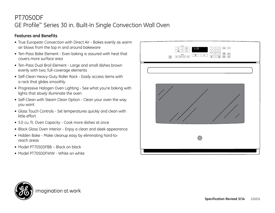 Pt7050dfww/bb, Pt7050df, Ge profile | Series 30 in. built-in single convection wall oven | GE PT7050DFWW User Manual | Page 3 / 3