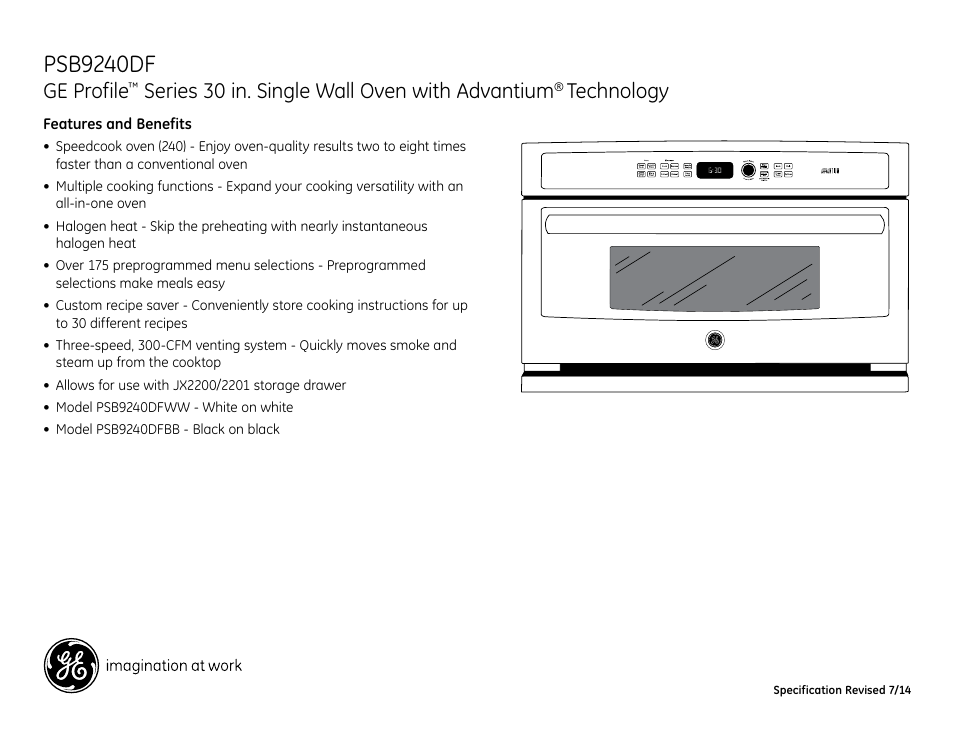 Psb9240df, Ge profile, Series 30 in. single wall oven with advantium | Technology | GE PSB9240DFBB User Manual | Page 3 / 3