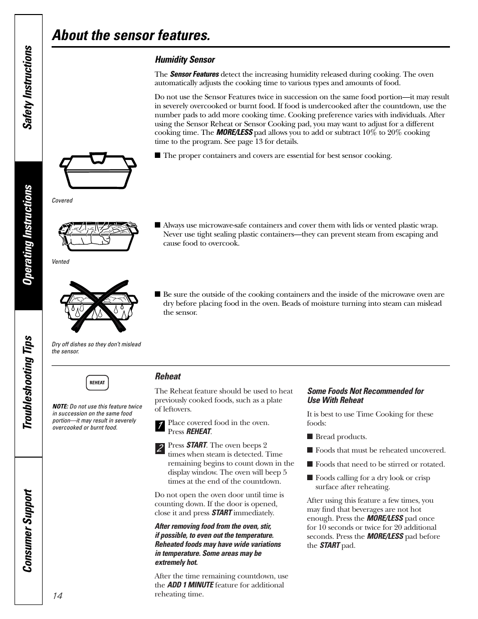 Sensor features, Sensor features , 15, About the sensor features | GE JES2251SJ User Manual | Page 14 / 24