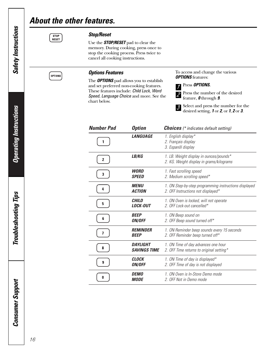 Other features, Other features , 17, About the other features | GE JES2251SJ User Manual | Page 16 / 24