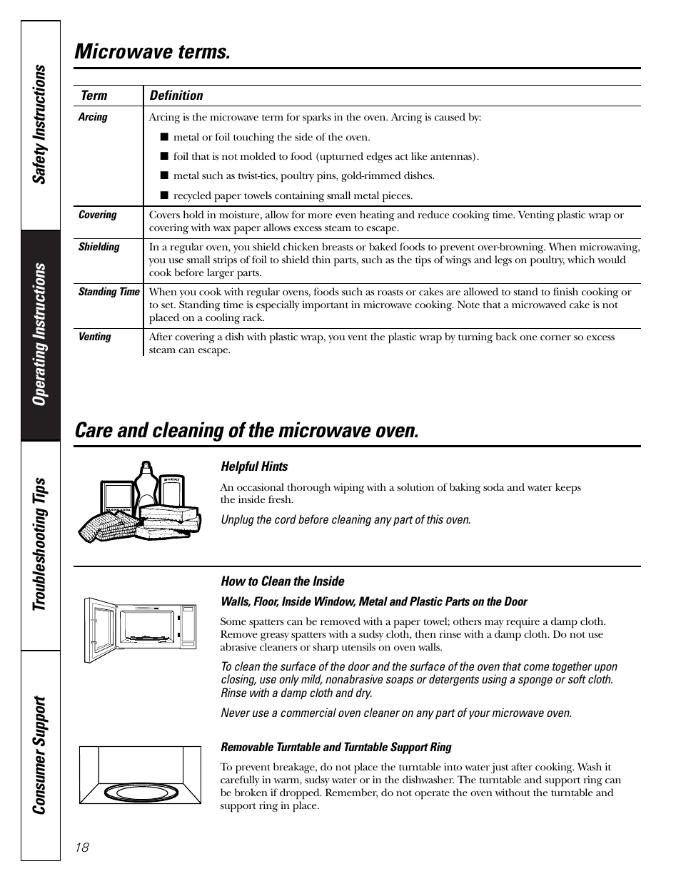 Microwave terms, Care and cleaning, Care and cleaning of the microwave oven | GE JES2251SJ User Manual | Page 18 / 24