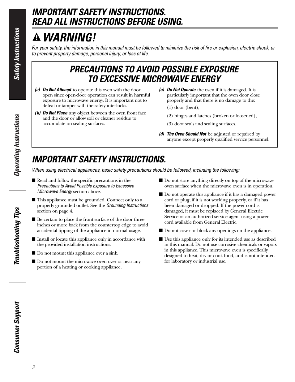 Safety information, Warning, Important safety instructions | GE JES2251SJ User Manual | Page 2 / 24