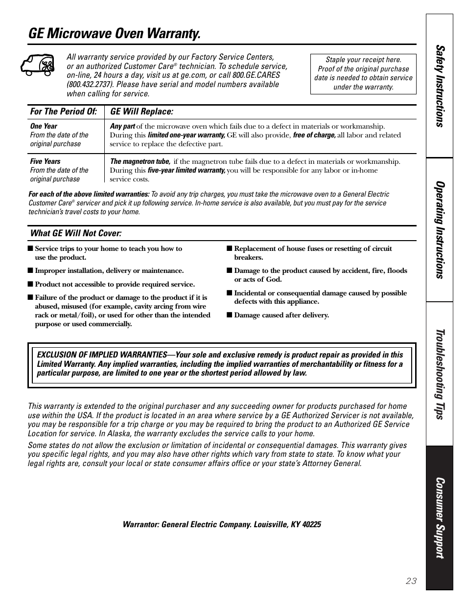 Warranty, Ge microwave oven warranty | GE JES2251SJ User Manual | Page 23 / 24