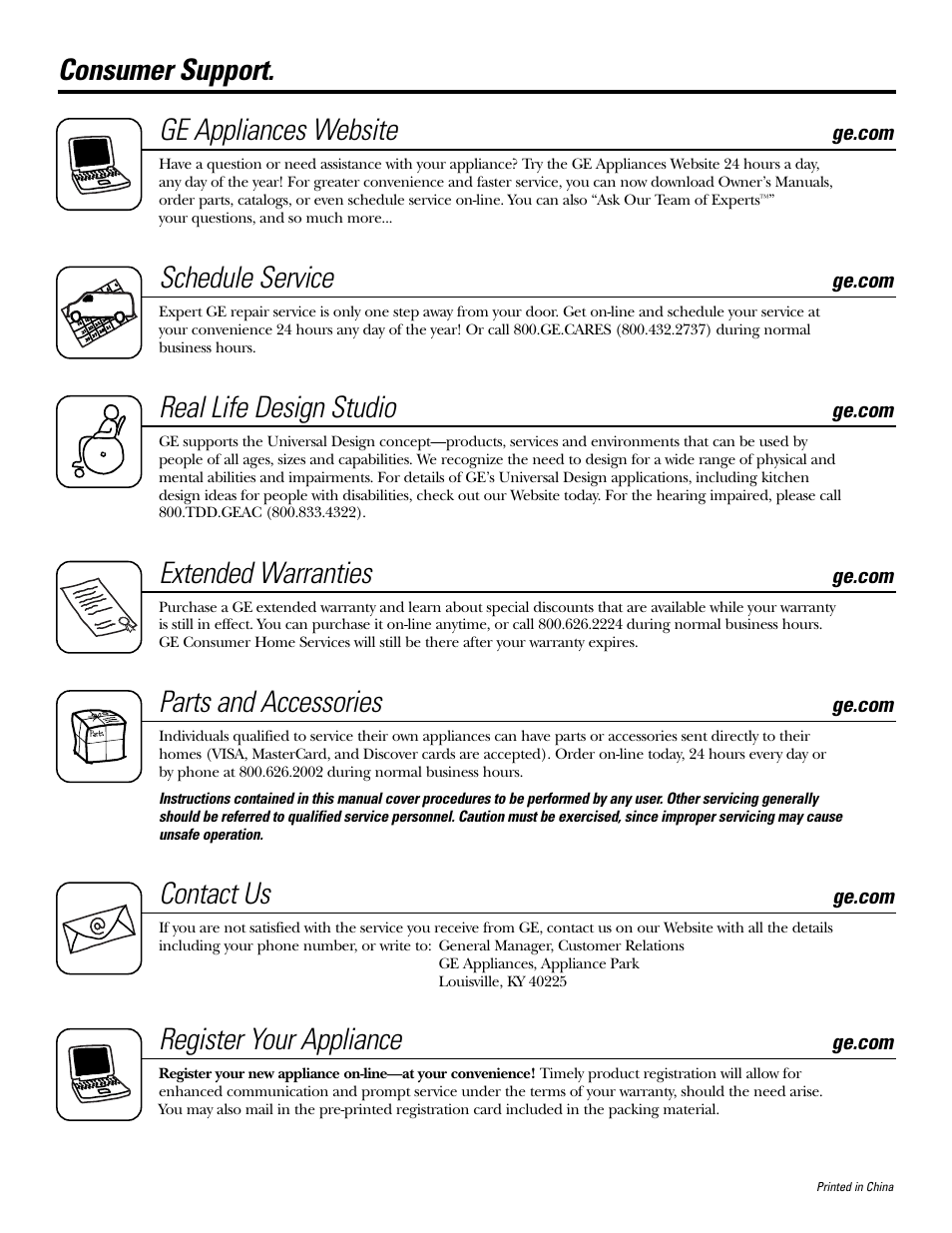 Consumer support, Consumer support . . .back cover, Consumer support. ge appliances website | Schedule service, Real life design studio, Extended warranties, Parts and accessories, Contact us, Register your appliance | GE JES2251SJ User Manual | Page 24 / 24