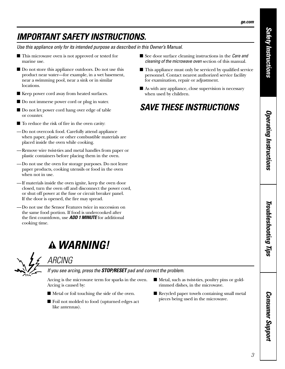 Warning, Important safety instructions, Save these instructions arcing | GE JES2251SJ User Manual | Page 3 / 24
