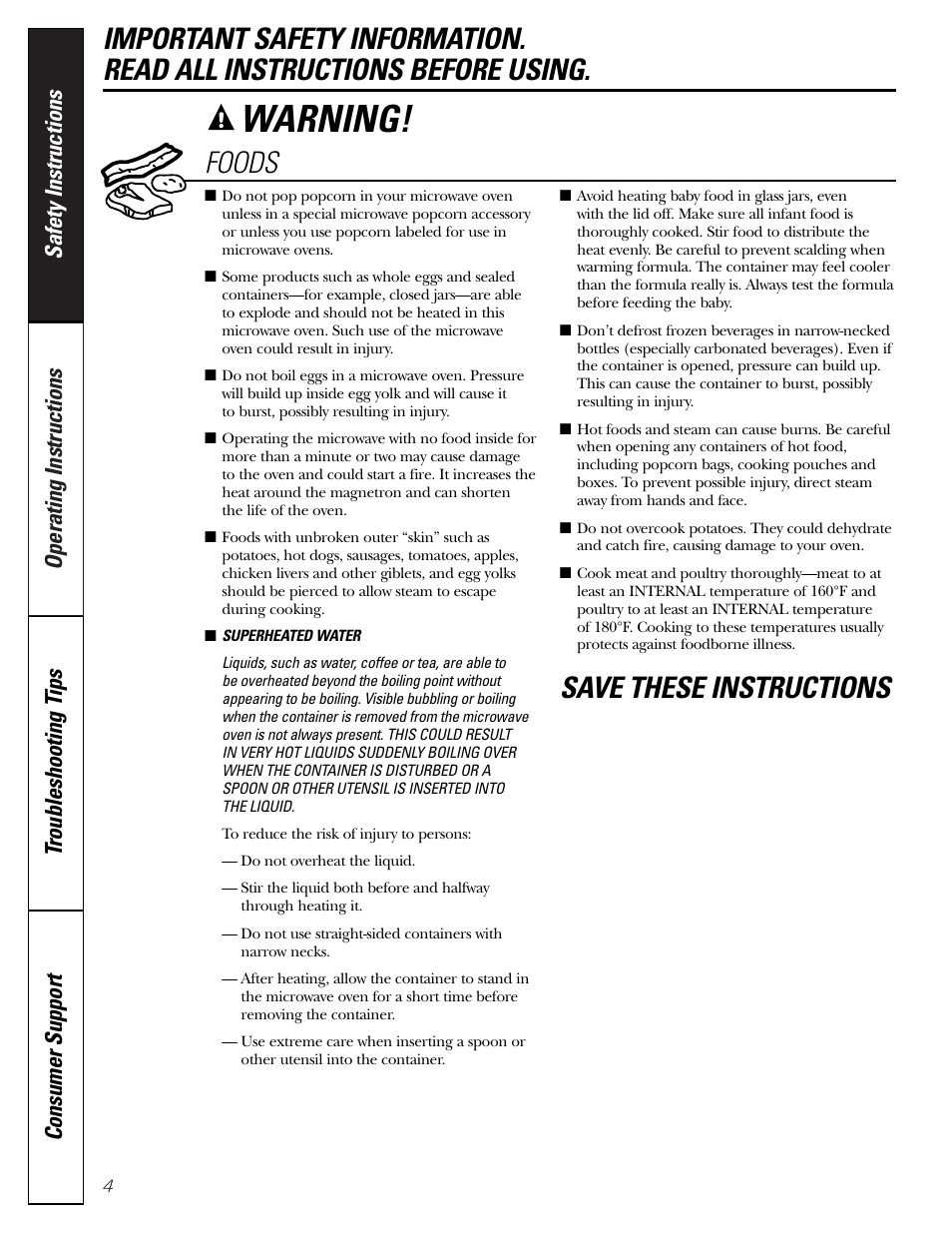 Warning, Foods, Save these instructions | GE JES2251SJ User Manual | Page 4 / 24