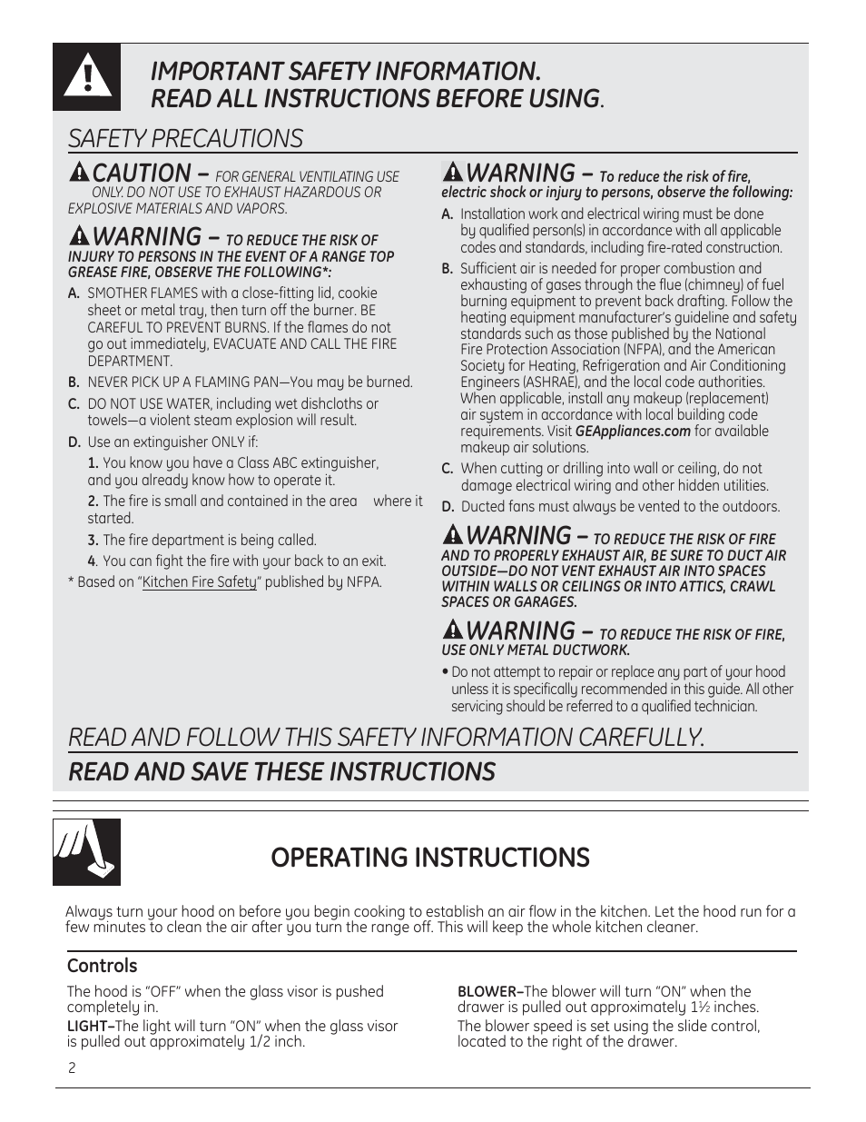 Operating instructions, Warning | GE JV960SCBR User Manual | Page 2 / 8