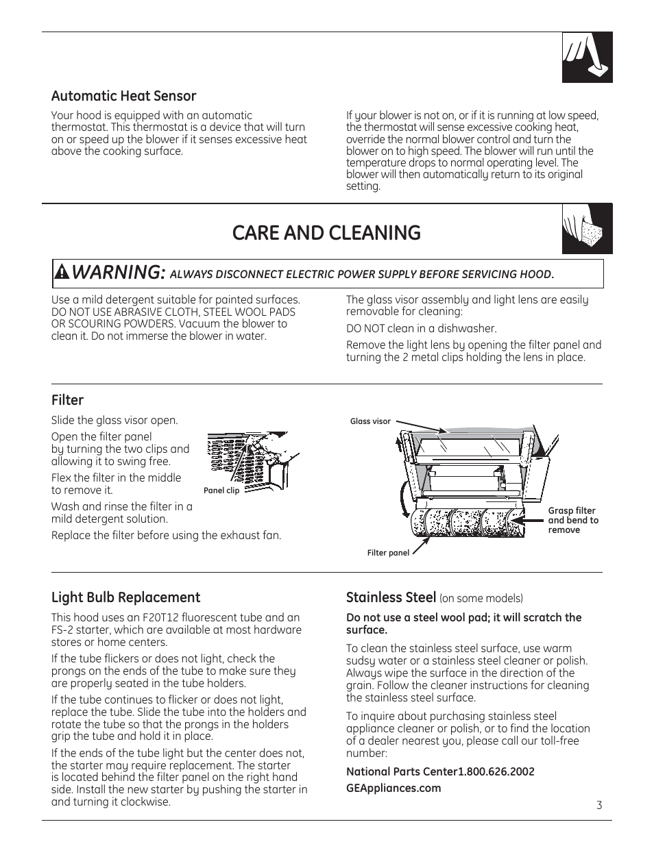 Care and cleaning, Warning, Automatic heat sensor | Light bulb replacement stainless steel, Filter | GE JV960SCBR User Manual | Page 3 / 8