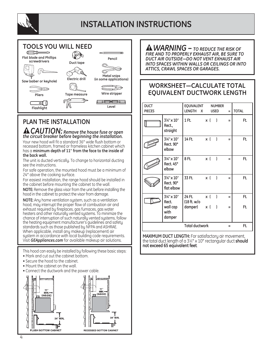 Installation instructions, Caution, Warning | Plan the installation, Tools you will need | GE JV960SCBR User Manual | Page 4 / 8