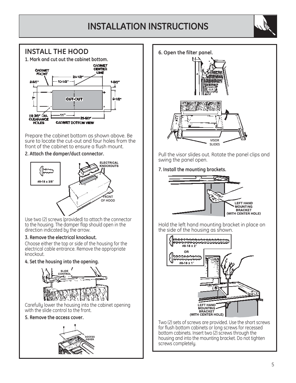 Installation instructions, Install the hood | GE JV960SCBR User Manual | Page 5 / 8