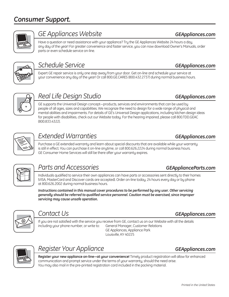 Consumer support. ge appliances website, Schedule service, Real life design studio | Extended warranties, Parts and accessories, Contact us, Register your appliance | GE JV960SCBR User Manual | Page 8 / 8