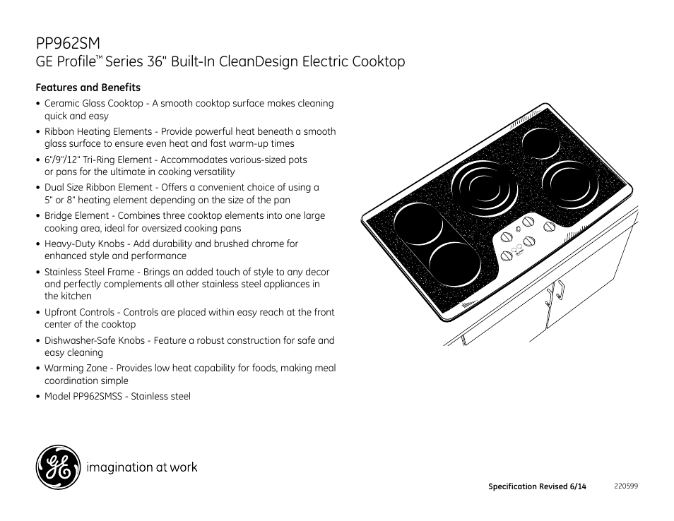 Pp962sm, Ge profile, Series 36" built-in cleandesign electric cooktop | GE PP962SMSS User Manual | Page 2 / 2