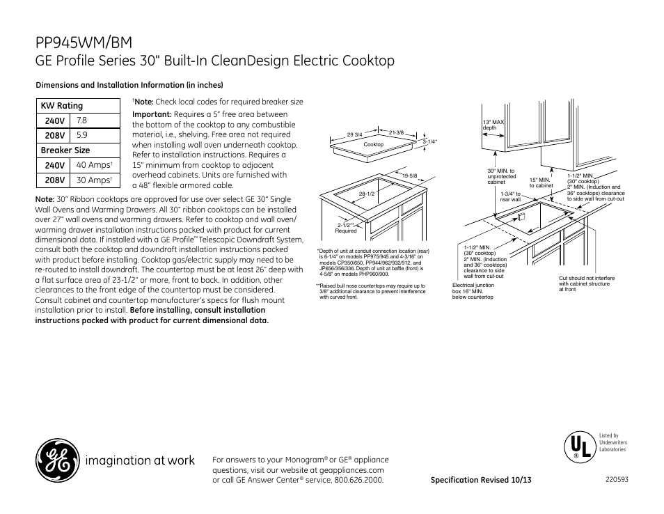 GE PP945WMWW User Manual | 2 pages