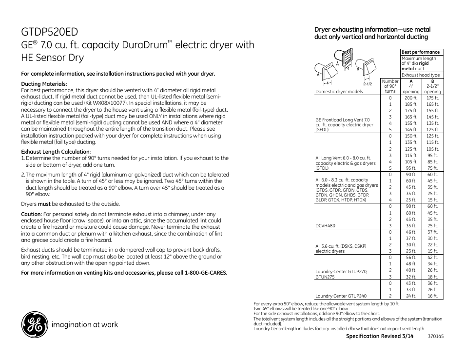 Gtdp520ed, 0 cu. ft. capacity duradrum, Electric dryer with he sensor dry | GE GTDP520EDWW User Manual | Page 2 / 3