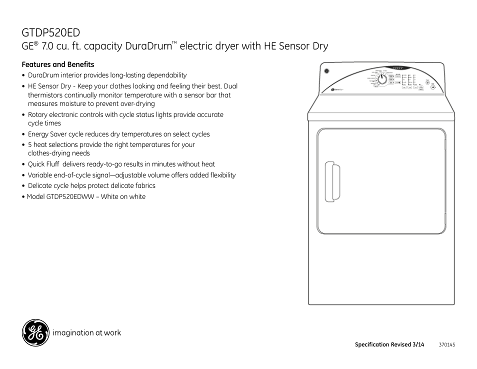 Gtdp520ed, 0 cu. ft. capacity duradrum, Electric dryer with he sensor dry | GE GTDP520EDWW User Manual | Page 3 / 3