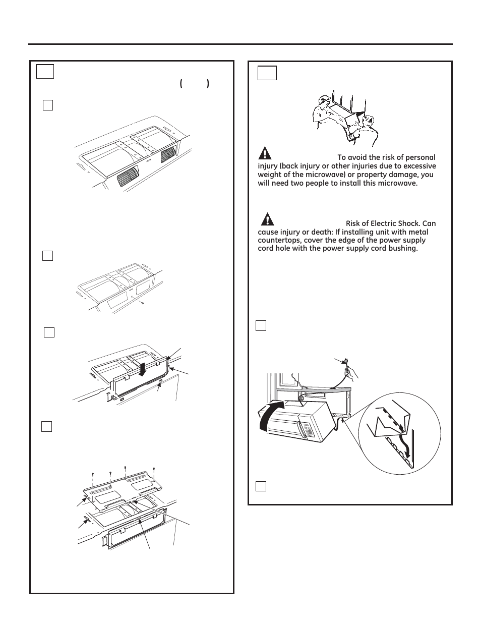 Installation instructions, Caution, Warning | Mount the microwave oven c5, Adapting blower for outside back exhaust cont. c4 | GE JNM3161DFBB User Manual | Page 22 / 48