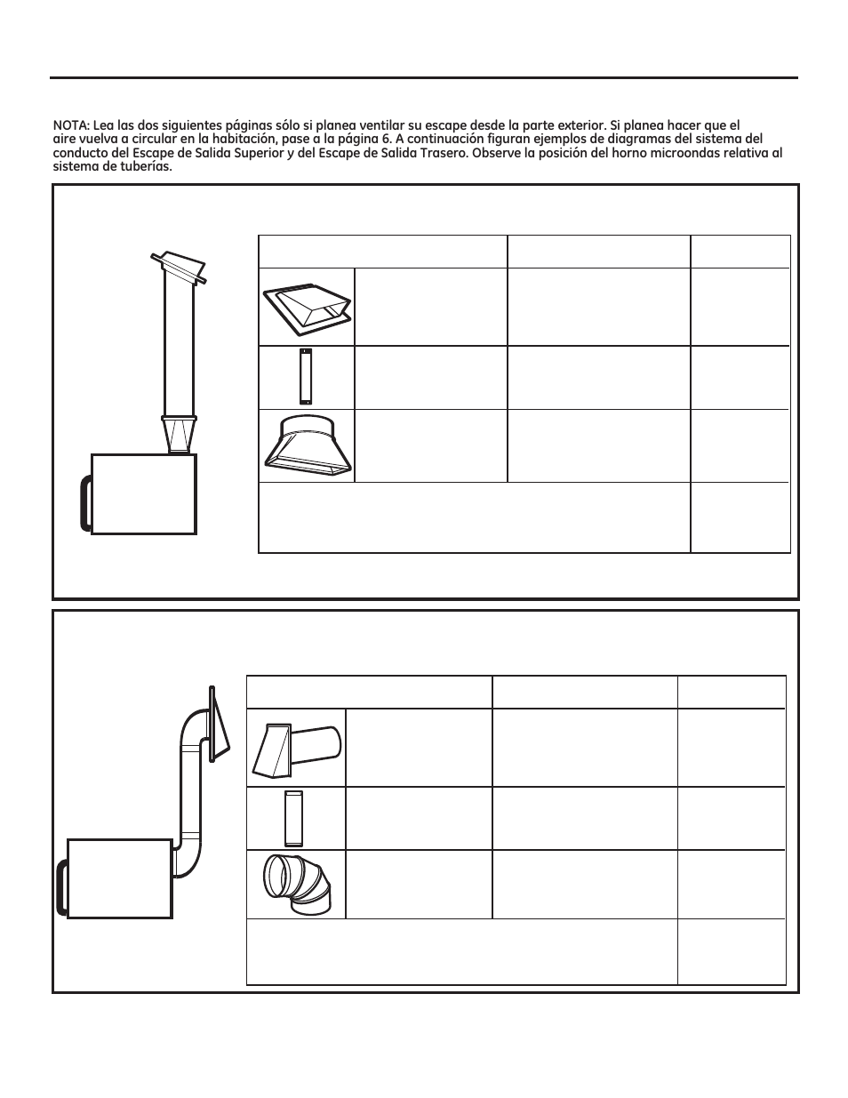 Instrucciones de instalación campana de escape, Escape de salida superior (sólo ejemplo), Escape de salida trasero (sólo ejemplo) | GE JNM3161DFBB User Manual | Page 29 / 48