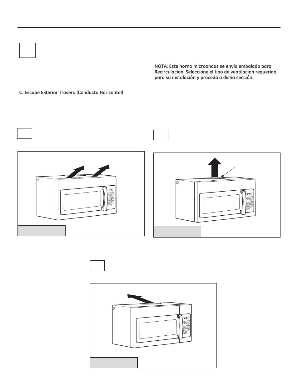 Instrucciones de instalación, Tipos de instalación, Bescape exterior superior (conducto vertical) | Escape exterior trasero (conducto horizontal), Crecirculación (sin conductos no ventilados), Elija a, b o c), Lea la página 16, Lea la página 20, Lea la página 13 | GE JNM3161DFBB User Manual | Page 36 / 48