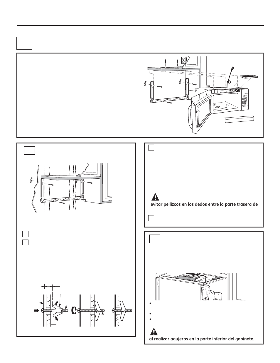 Instrucciones de instalación, Recirculación, Precaución | Sin conductos no ventilados), Visión general de la instalación, Adhera la placa de montaje a la pared a1 | GE JNM3161DFBB User Manual | Page 37 / 48