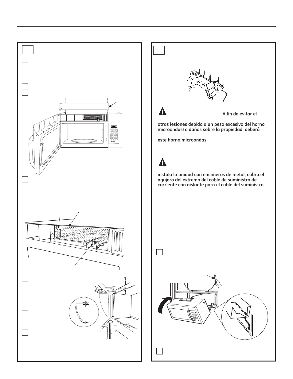 Instrucciones de instalación, Precaución, Advertencia | Monte el horno microondas, Cómo instalar el filtro de carbón a3 | GE JNM3161DFBB User Manual | Page 38 / 48