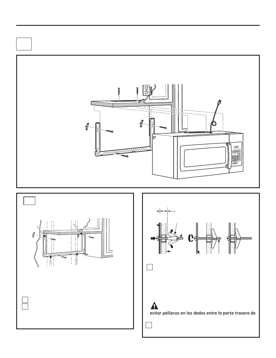 Escape superior exterior, Instrucciones de instalación, Precaución | Conducto vertical), Adhiera la placa de montaje a la pared b1 16, Visión general de la instalación | GE JNM3161DFBB User Manual | Page 40 / 48