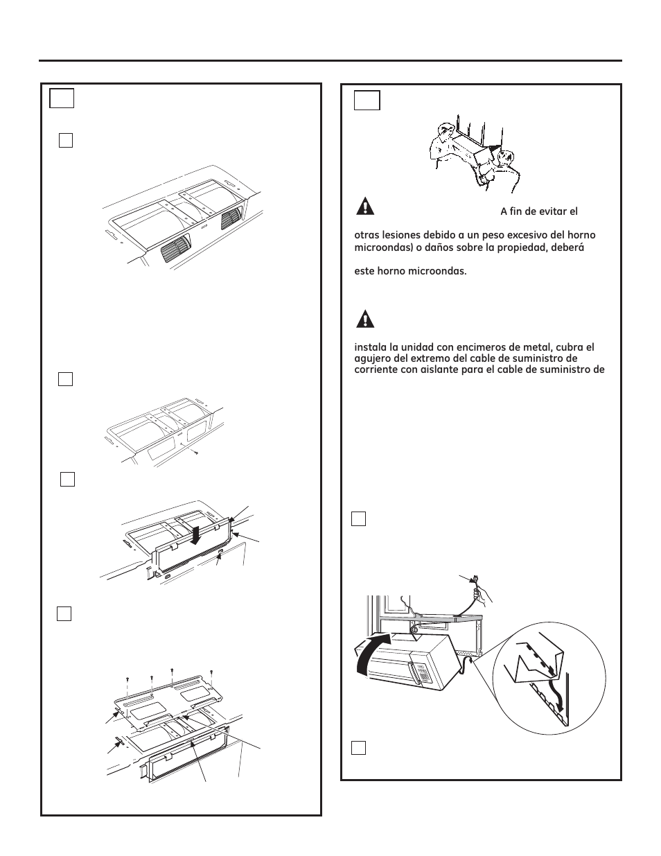 Instrucciones de instalación, Precaución, Advertencia | Monte el horno microondas c5 | GE JNM3161DFBB User Manual | Page 46 / 48
