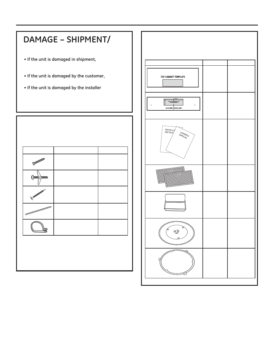 Installation instructions, Parts included, Additional parts | Hardware packet | GE JNM3161DFBB User Manual | Page 7 / 48