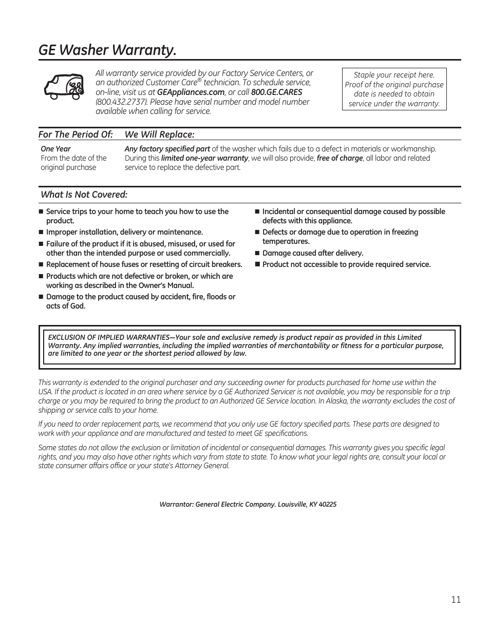 Ge washer warranty | GE GTWN4950FWW User Manual | Page 11 / 24