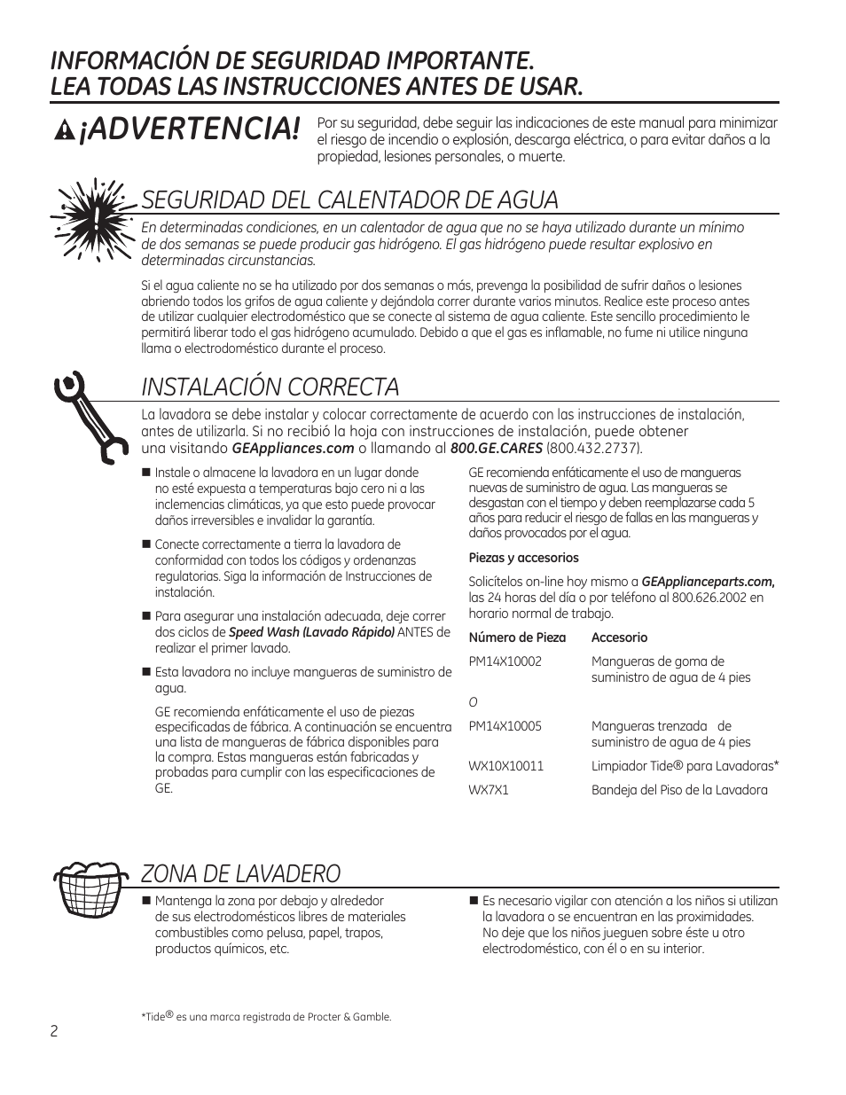 Informacion de seguridad importante, Lea todas las instrucciones antes de usar, Seguridad del calentador de agua | Instalacion correcta, Zona de lavadero, Aiadvertencia | GE GTWN4950FWW User Manual | Page 14 / 24