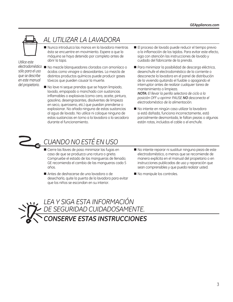 Al utilizar la lavadora, Cuando no este en uso, Conserve estas instrucciones | GE GTWN4950FWW User Manual | Page 15 / 24