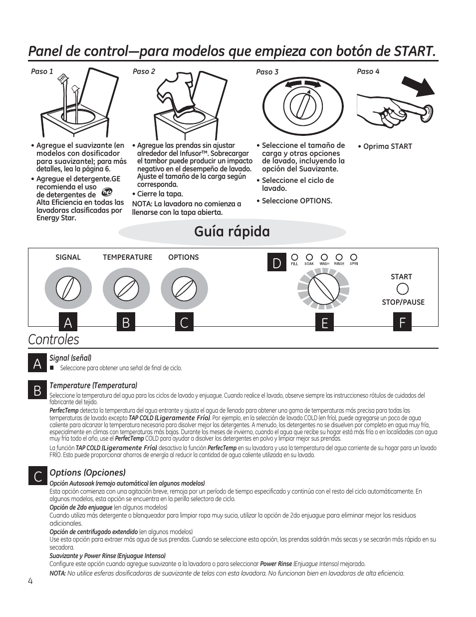 Controles, Guía rápida | GE GTWN4950FWW User Manual | Page 16 / 24