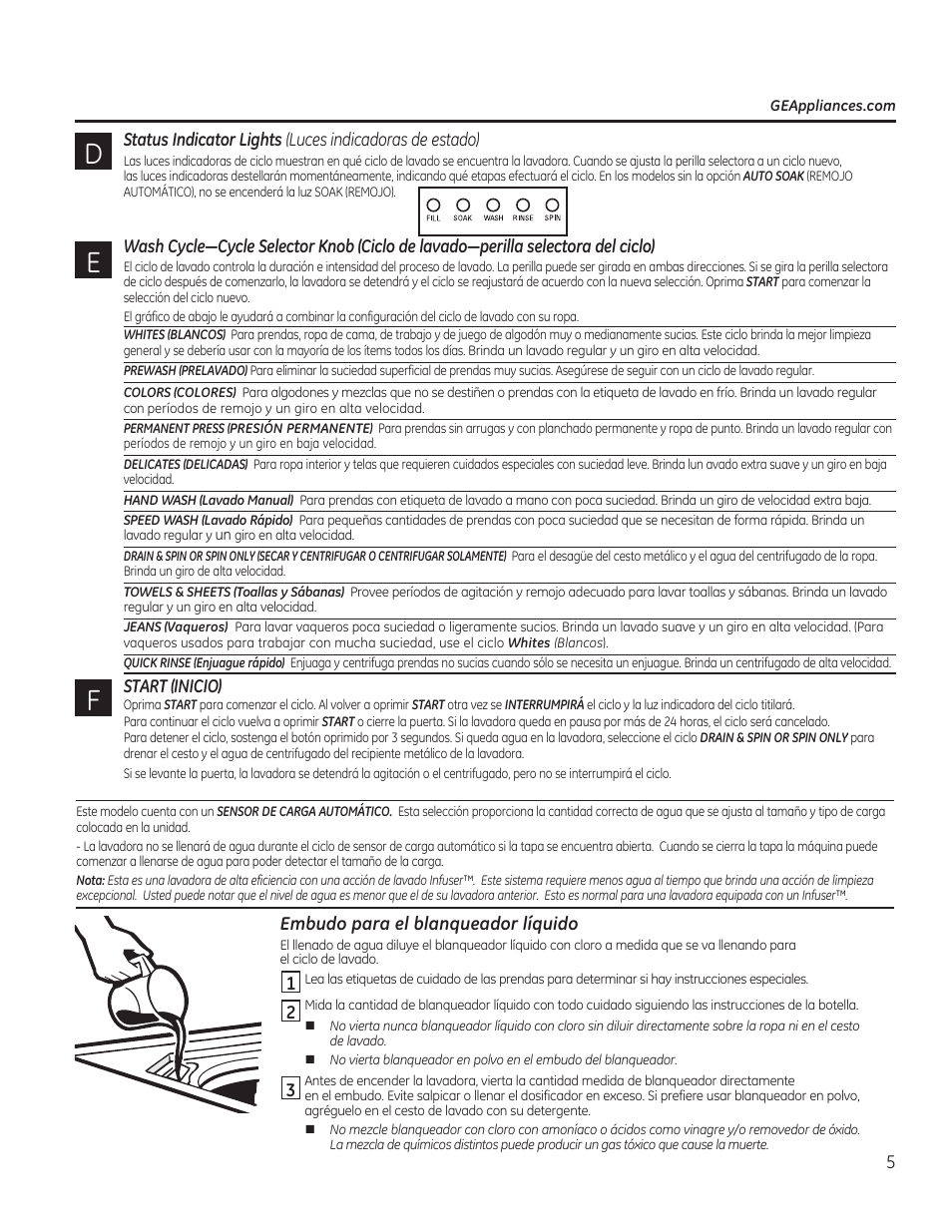 Status indicator lights, Start (inicio), Embudo para el blanqueador líquido | GE GTWN4950FWW User Manual | Page 17 / 24