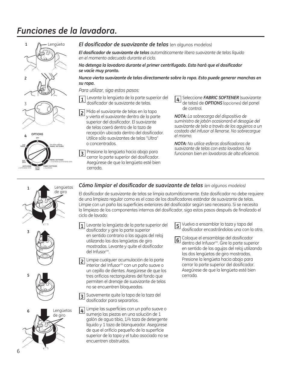 Funciones de la lavadora | GE GTWN4950FWW User Manual | Page 18 / 24