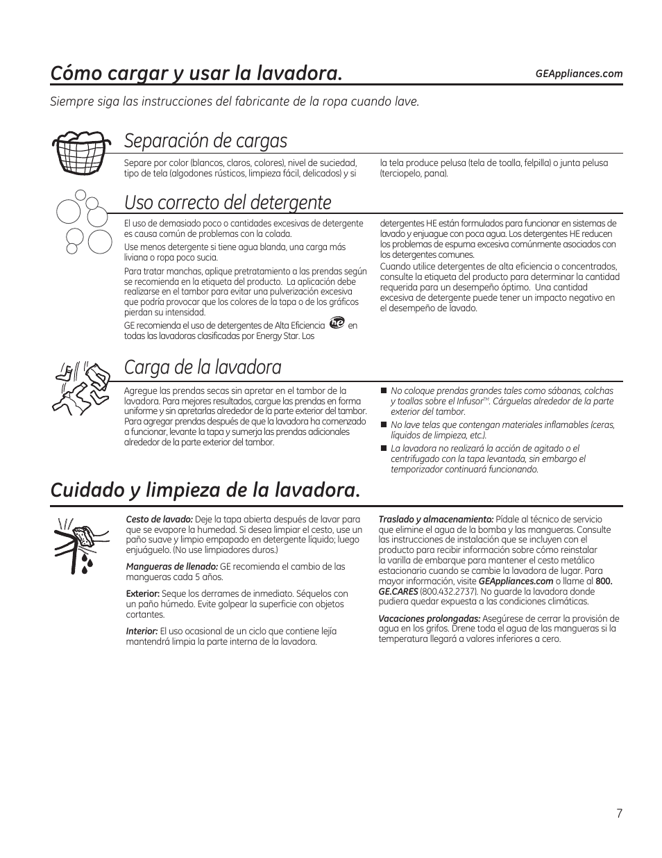 Separación de cargas, Uso correcto del detergente, Carga de la lavadora | Cuidado y limpieza de la lavadora, Cómo cargar y usar la lavadora | GE GTWN4950FWW User Manual | Page 19 / 24