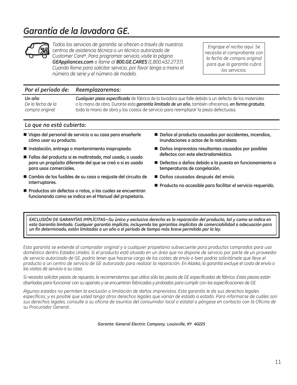 Garantía de la lavadora ge | GE GTWN4950FWW User Manual | Page 23 / 24